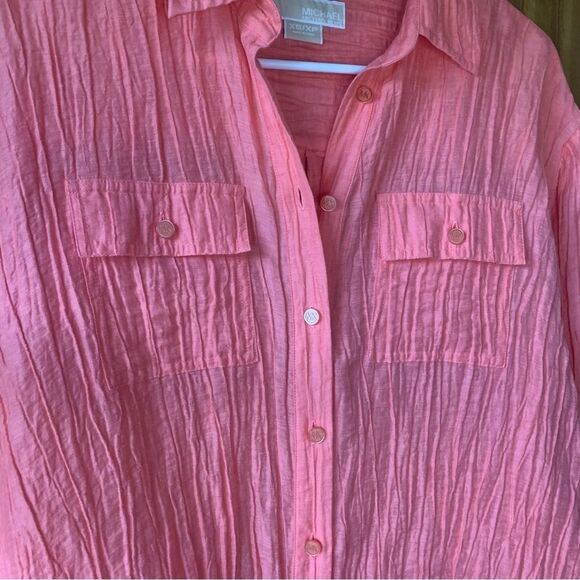 ‘Michael’ Michael Kors Pink Rouched Belted Button-Up Top- Women XS - Picture 4 of 9